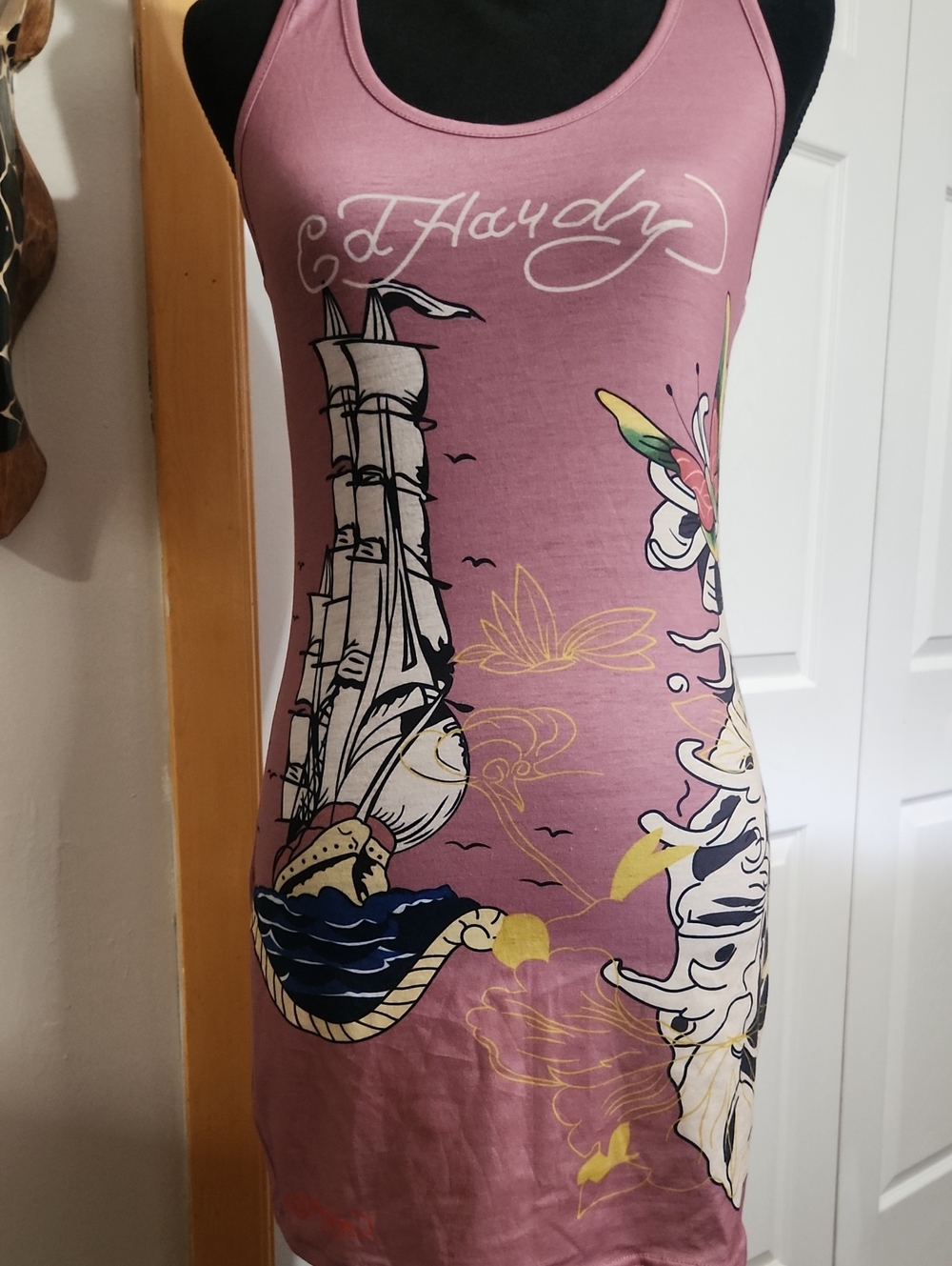 Ed Hardy Dusty Pink Ship Flash Art Tattoo-Graphic Tank Mini Dress